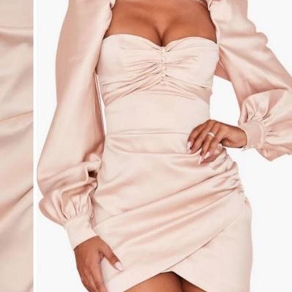House of CB Blush Pink Satin Ruched Long Sleeve Mini Dress XS Flaws